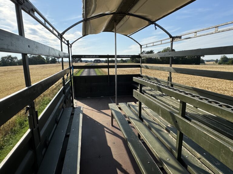 Indvendig visning af Nicedrive studentervogn, model ‘Stripperstangen’, til studenterkørsel, siddepladser, kopholder, discolys og musikanlæg, tilgængelig til en billig pris