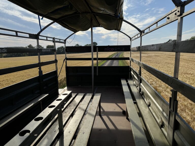 Indvendig visning af Nicedrive studentervogn, model ‘Young Party’, til studenterkørsel, siddepladser, kopholder, discolys og musikanlæg, tilgængelig til en billig pris