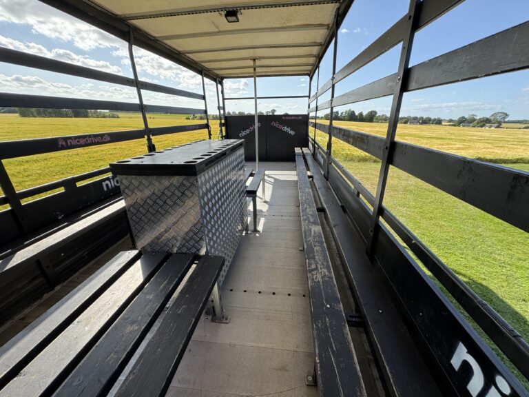 Indvendig visning af Nicedrive studentervogn, model ‘Energizer’, til studenterkørsel, siddepladser, stripperstang, kopholder, discolys og musikanlæg, tilgængelig og ledig til en billig pris